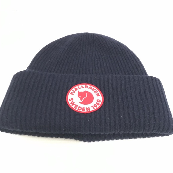 Fjällräven Navy Ribbed Beanie with Red Logo Patch